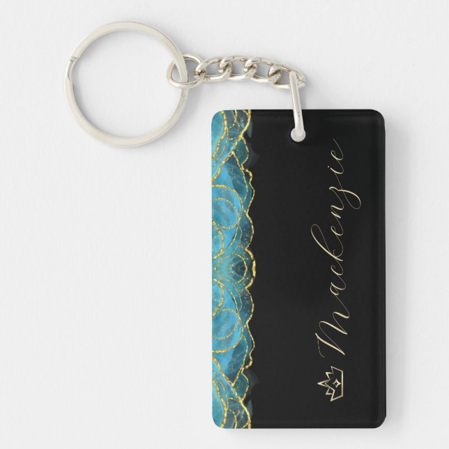Porte-clefs Bleu et Or Élégant Script Personnalisé (Devant)