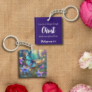 Porte-clefs Bleu foncé Philippiens 4:13 Écriture Papillon