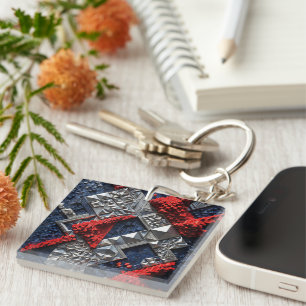 Porte-clefs Bleu foncé Rouge vif Argent Micro Mosaïque 3D 