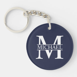 Porte-clefs Bleu marine Monogramme personnalisé et nom