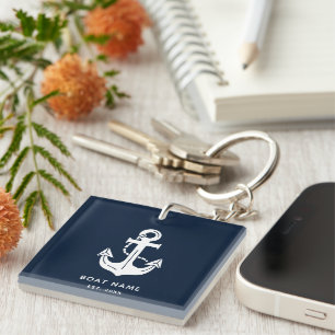 Porte-clefs Bleu marine nautique nom de bateau personnalisé