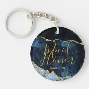 Porte-clefs Bleu Nuit et Or Feuille d'Agate Couronne Demoisell