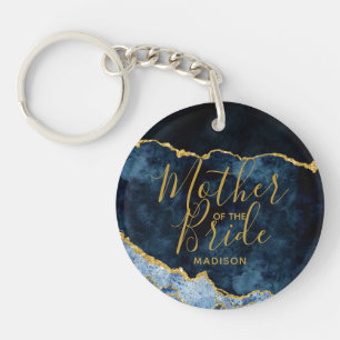 Porte-clefs Bleu Nuit et Or Feuille d'Agate Mère de la Mariée