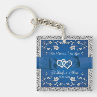 Porte-clefs Bleu Royal, Gris Deux Cœurs, Un Amour