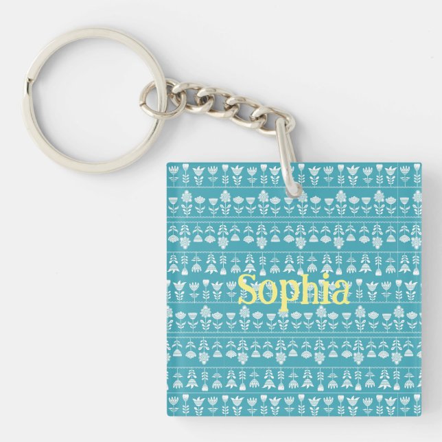 Porte-clefs Bleu scandinave avec fleurs blanches Editable (Devant)