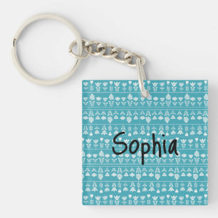 Porte-clefs Bleu scandinave avec fleurs blanches Editable
