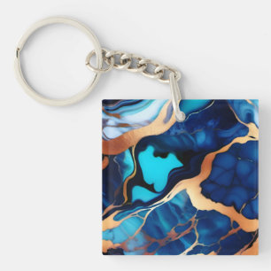 Porte-clefs Bleu tendance en or faux marbre