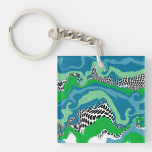 Porte-clefs Bleu, vert, noir et blanc Abstrait Fluid Art