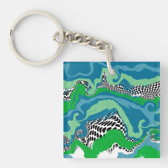 Porte-clefs Bleu, vert, noir et blanc Abstrait Fluid Art (Devant)
