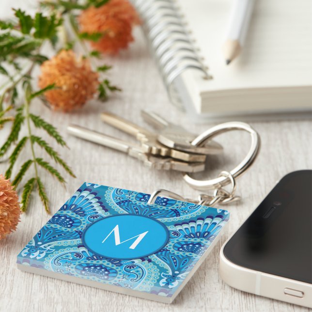 Porte-clefs Bleuâtre - Paisley à plumes (Devant Droit)