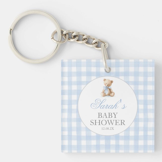 Porte-clefs Blue Gingham Bear Baby Shower (Devant)