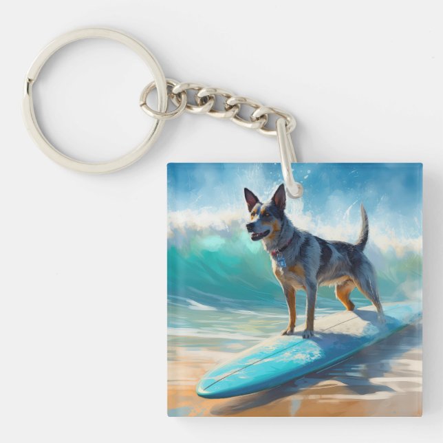 Porte-clefs Blue Heeler Beach Surfing Peinture (Devant)