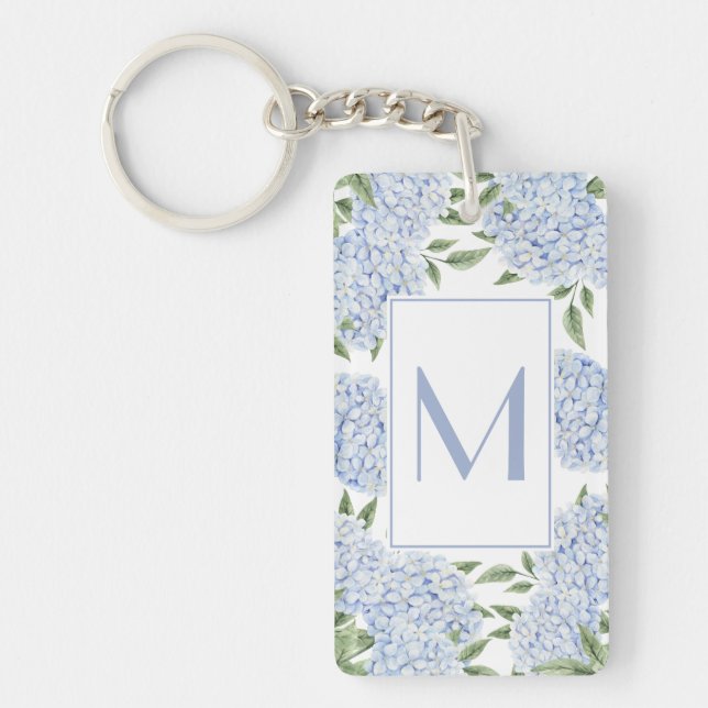 Porte-clefs Blue Hydrangea Single Initial Monogram Custom (Devant)