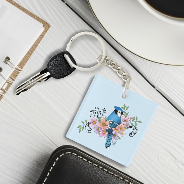 Porte-clefs Blue Jay Spring flowers Business Logo (Créateur téléchargé)