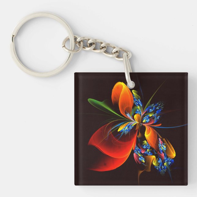 Porte-clefs Blue Orange Floral Moderne Art Abstrait Motif #03 (Devant)