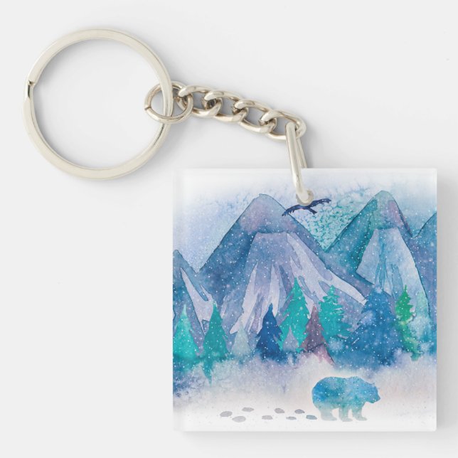 Porte-clefs Blue Watercolor Winter Mountain Landscape Art (Devant)