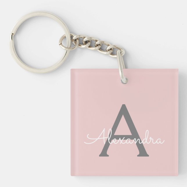 Porte-clefs Blush Pink Grey Modern Script Girly Monogram (Devant)