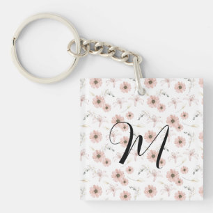 Porte-clefs Blush Rose Fleurs Art Monogramme Aquarelle
