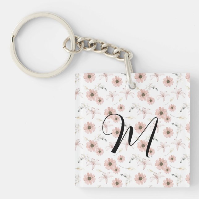 Porte-clefs Blush Rose Fleurs Art Monogramme Aquarelle (Devant)