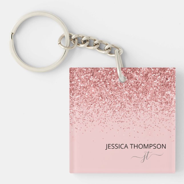 Porte-clefs Blush Rose Pailleté Monogramme Simple Nom (Devant)