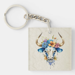 Porte-clefs Boho Chic Aquarelle Florale Vache Crâne