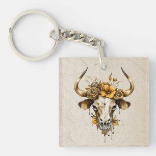 Porte-clefs Boho Chic Aquarelle Florale Vache Crâne