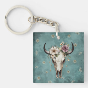 Porte-clefs Boho Chic Aquarelle Florale Vache Crâne