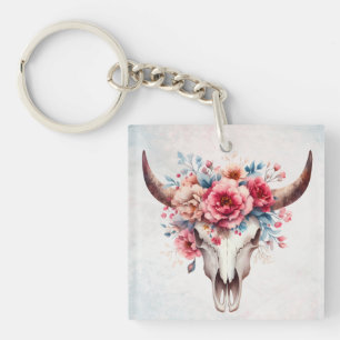 Porte-clefs Boho Chic Aquarelle Florale Vache Crâne