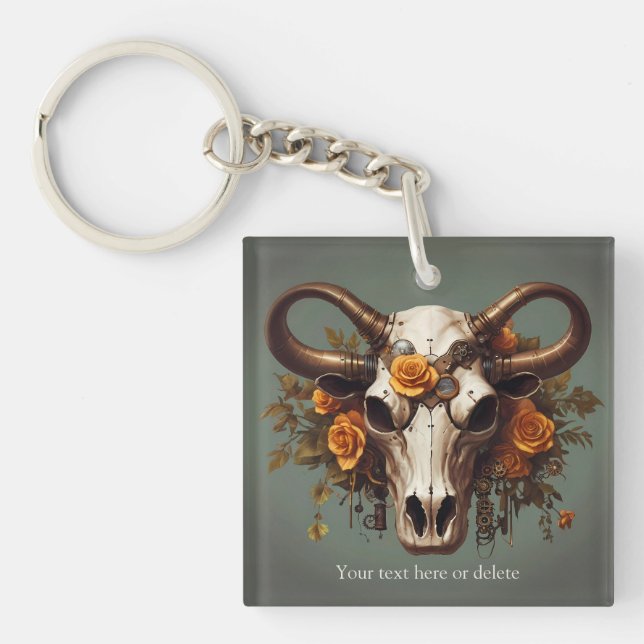 Porte-clefs Boho Chic Aquarelle Steampunk Floral Vache Crâne (Devant)