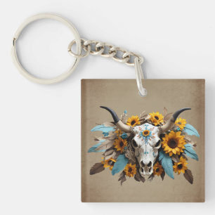 Porte-clefs Boho Chic Aquarelle Tournesol Plumes Vache crâne