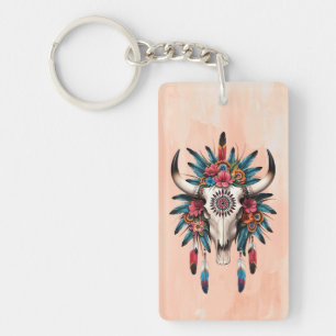 Porte-clefs Boho Chic Aquarelle Tribal Floral Vache Crâne
