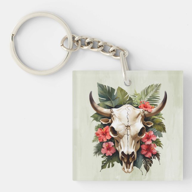 Porte-clefs Boho Chic Aquarelle Tropicale Floral Vache Crâne (Devant)