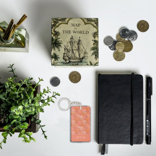 Porte-clefs Boho fleur aquarelle motif nom jaune orange (Créateur téléchargé)