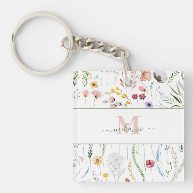 Porte-clefs Boho Fleurs sauvages Nom personnalisé Monogramme (Devant)