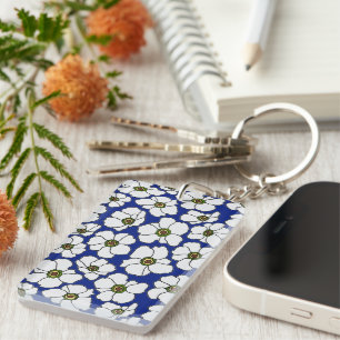 Porte-clefs Boho Floral Sur Bleu Avec Nom 