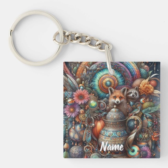 Porte-clefs Boho Fox Raccoon Floral Design (Devant)