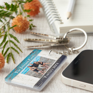 Porte-clefs Bois Bleu Rustique Nom de Famille Photo