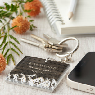 Porte-clefs Bois de grange Montagnes rustiques Sauvez la date