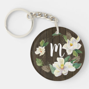 Porte-clefs Bois rustique Magnolia Ferme Aquarelle Florale