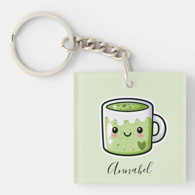Porte-clefs Boisson Matcha personnalisée et gâteau (Devant)
