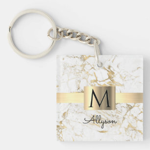 Porte-clefs Boîte dorée en marbre blanc et or, monogramme de n