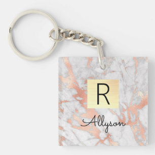 Porte-clefs Boîte dorée en marbre de rose et or blanc, nom et