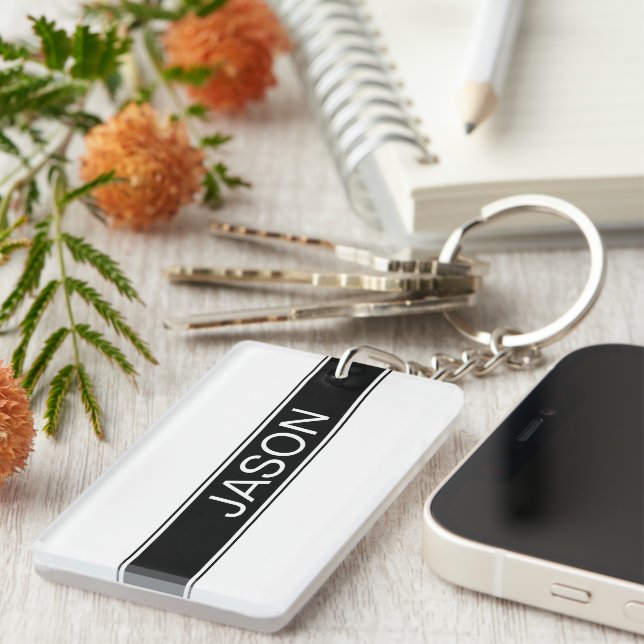 Porte-clefs Bold Black & White Stripe Editable Text (Devant droit)