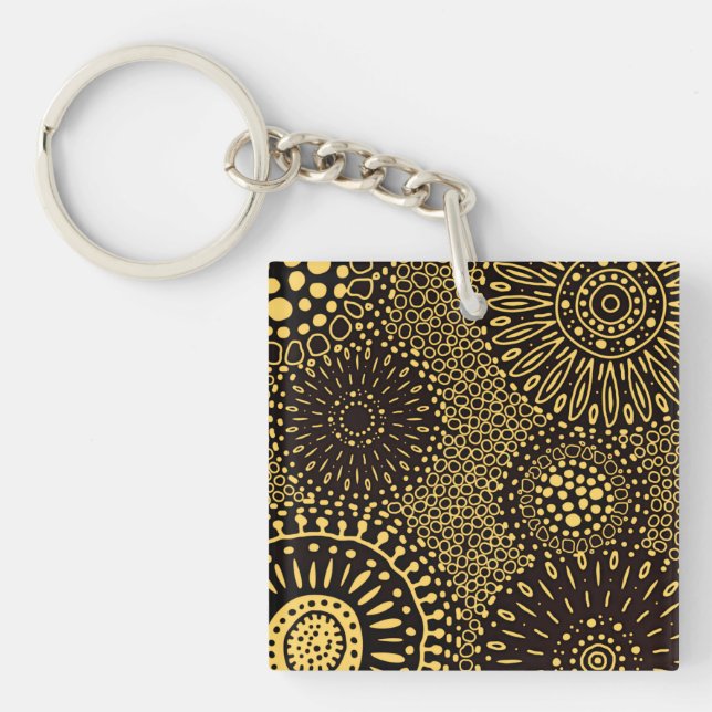 Porte-clefs Bold Ethnic Floral Black Gold Acrylic Keychain (Devant)