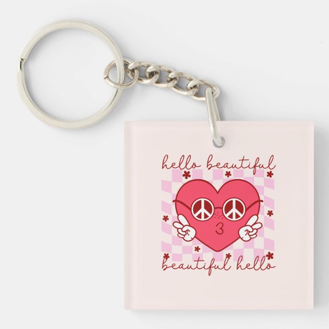Porte-clefs Bonjour Beau Coeur Rose (Devant)