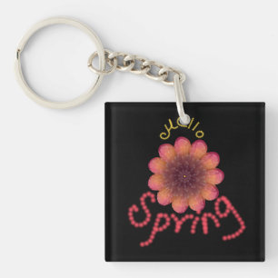 Porte-clefs Bonjour Printemps - Fleurs Roses et Orange Texturé