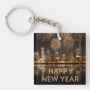 Porte-clefs "Bonne année" avec feux d'artifice sur une ville