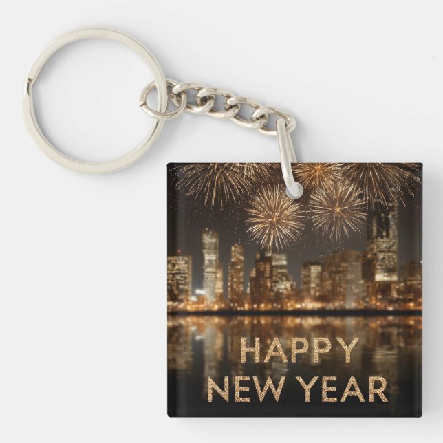 Porte-clefs "Bonne année" avec feux d'artifice sur une ville (Devant)