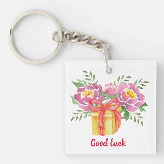 Porte-clefs Bonne chance Aquarelle pivoines mignonnes (Devant)