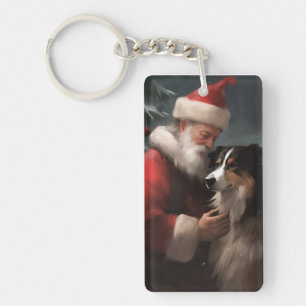 Porte-clefs Border Collie avec le Père Noël Festif Noël